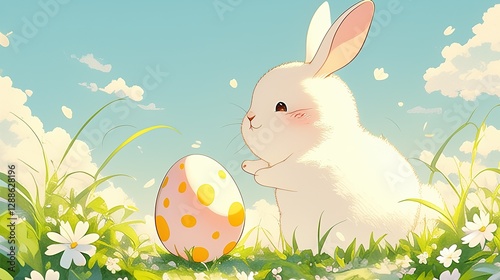 Cartoon Rabbit Standing on Grass with Easter Egg, Smiling and Touching the Egg, Capturing the Joy and Whimsy of Easter Celebrations
