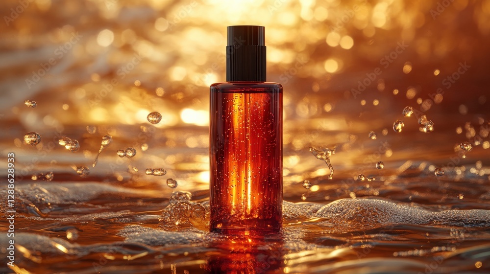 Luxury Amber Glass Bottle with Sparkling Liquid in Glimmering Water Background Luxury Amber Glass Bottle with Sparkling Liquid in Glimmering Water Background