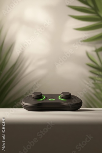 Stylish gaming controller resting on surface with lush green fol