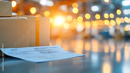 Delivery concept showing stacked parcels and a shipping document, highlighting the efficiency of modern e-commerce, suitable for marketing, courier services, or retail distribution. Selective focus