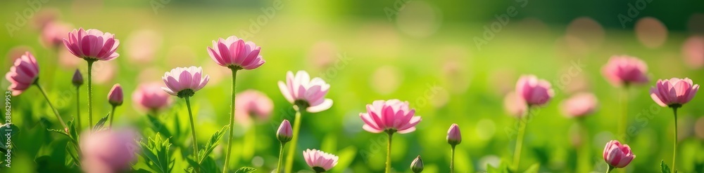 Soft pink ranunculus flowers scattered in a lush green meadow, field, meadow, spring bloom Soft pink ranunculus flowers scattered in a lush green meadow, field, meadow, spring bloom