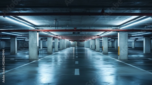 Empty Underground Parking Garage with Modern Lighting and Space