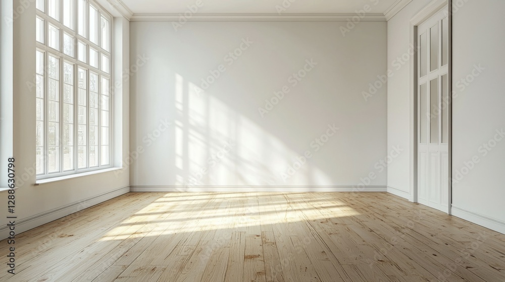 Obraz premium Bright and Airy Empty Room with Wooden Floor and Large Windows