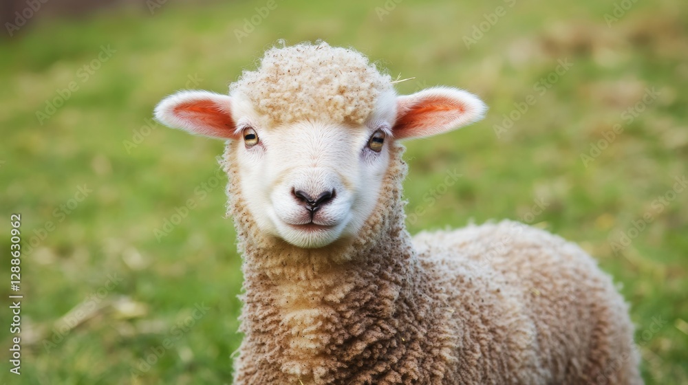 Cute Lamb Portrait in Verdant Pasture Cute Lamb Portrait in Verdant Pasture