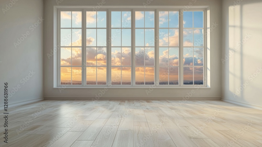 Fototapeta premium Spacious Empty Room with Large Windows and Scenic Sunset View
