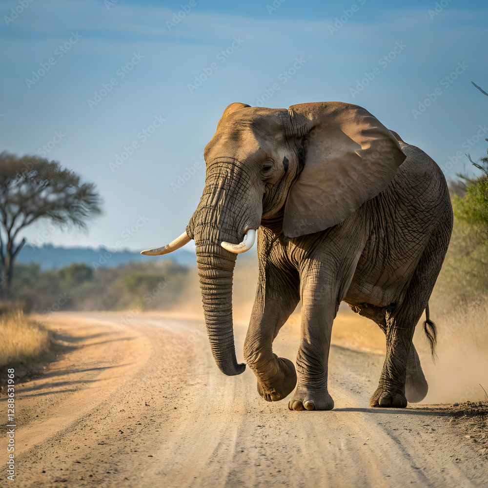 Fototapeta premium African Elephant on Dirt Road: Wildlife Photography