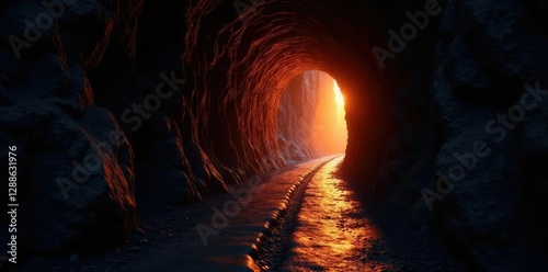 Warm light illuminates a narrow passageway at end of dark tunnel, tunnel, solace, exit