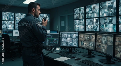 A security guard monitors security cameras in a control room