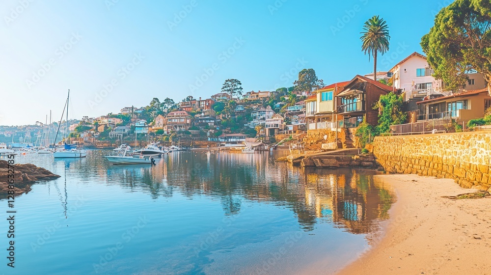 Fototapeta premium Calm bay sunrise, waterfront homes, sandy beach, boat reflections, coastal travel