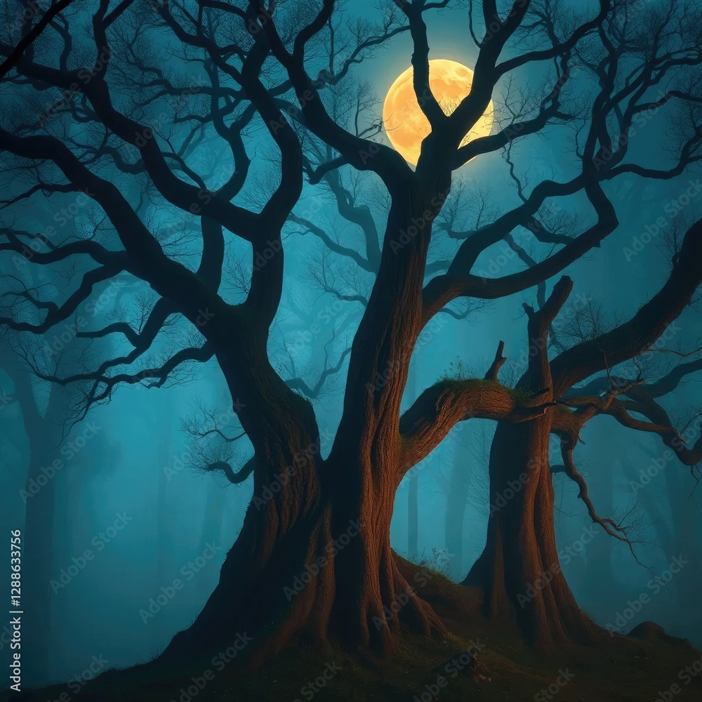 Naklejka premium A misty forest with ancient trees and a glowing moon, natural, serenity