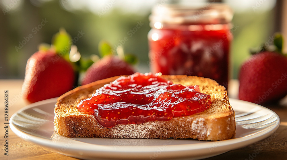 A crispy slice of toast with homemade strawberry jam A crispy slice of toast with homemade strawberry jam