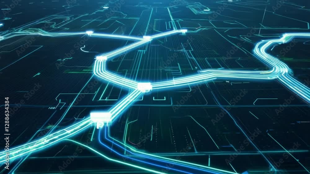 Innovative digital map showcasing urban traffic flow and smart routing technology at night