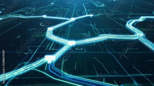 Innovative digital map showcasing urban traffic flow and smart routing technology at night