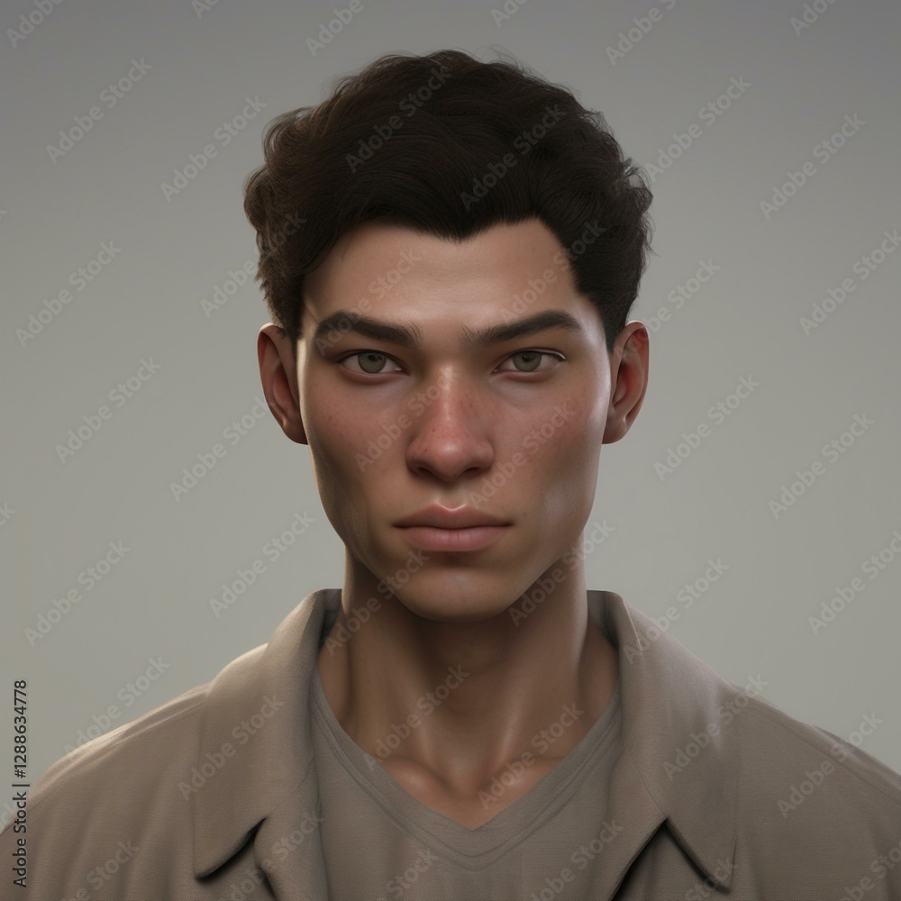 Obraz premium A highly detailed, hyper-realistic close-up portrait of an AI-generated human face. This digital artwork features lifelike skin textures, expressive eyes, and natural lighting.