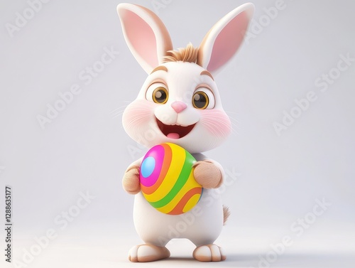 Cute Cartoon Easter Bunny with Colorful Egg, Isolated on White Background, Flat Vector Illustration, High-Res Quality photo