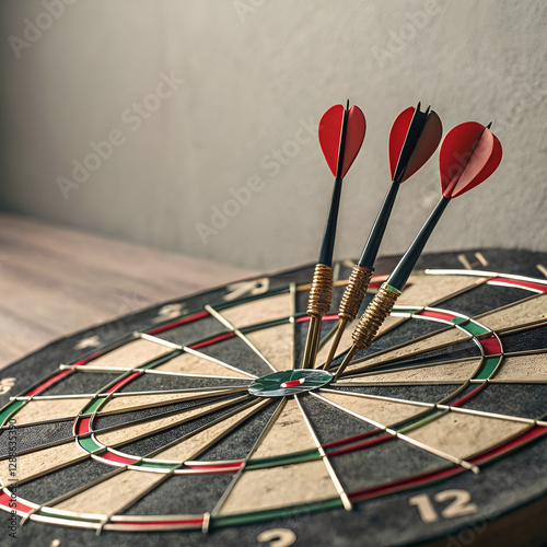 Darts hitting the bullseye on a dartboard in a cozy indoor setting