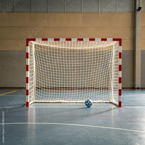 Handball goal with a blue ball on the court in an indoor gym