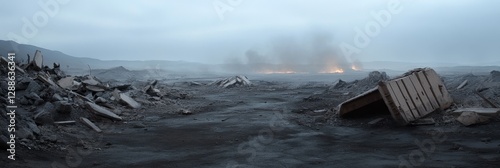 Desolate ashen landscape with smoke and scattered debris in an overcast environment