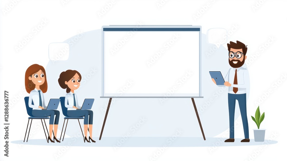 Business Meeting with Diverse Team Presenting Ideas at Blank Whiteboard in Modern Office Environment Business Meeting with Diverse Team Presenting Ideas at Blank Whiteboard in Modern Office Environment