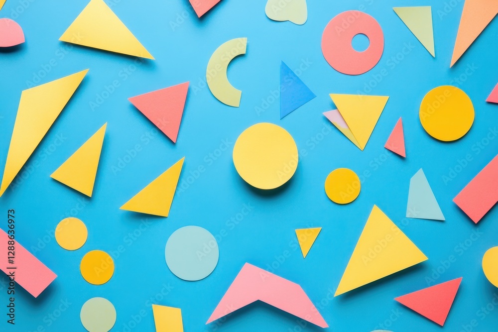 Geometric paper shapes in vibrant colors create a playful and modern pattern against a bright blue background. Geometric paper shapes in vibrant colors create a playful and modern pattern against a bright blue background.
