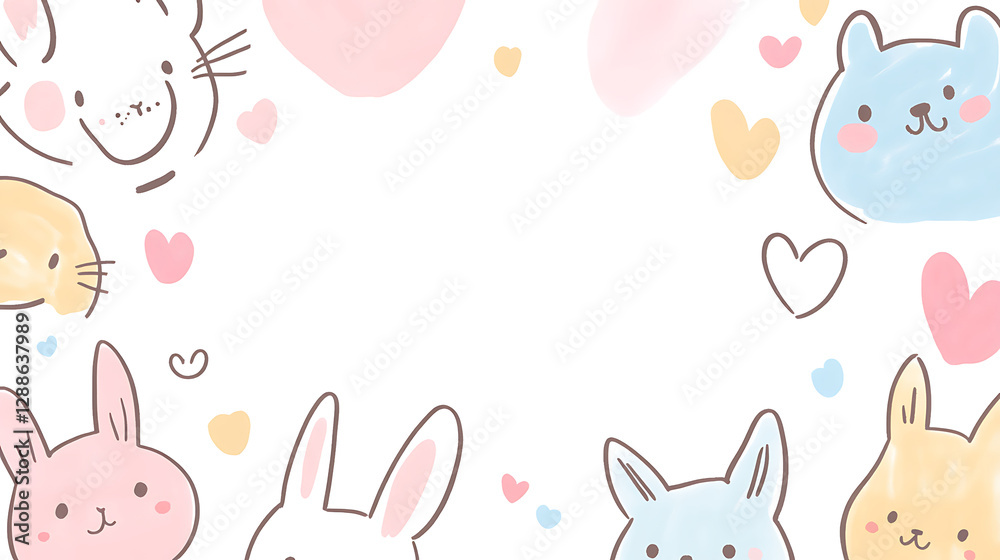 Obraz premium Colorful Cartoon Bunnies and Hearts Frame on a White Background with Pastel Colors