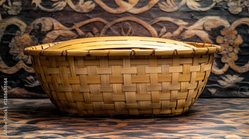 Fototapeta premium Wicker Basket with Carved Wood Backdrop