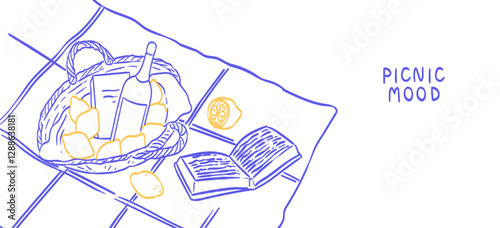 La Dolce vita lifestyle illustration in line doodle art style for romantic event menu, invitation, poster, placard. Picnic in italian style with wine, book and lemons. Elegant breakfast or brunch.