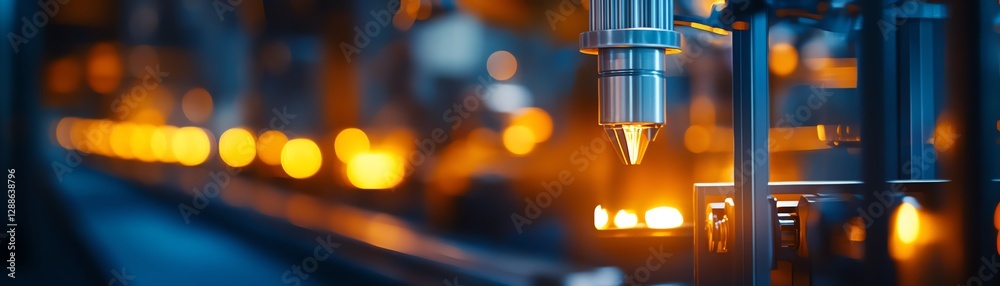 A close-up of a manufacturing process, featuring machinery with illuminated components, highlighting precision and technology in a factory setting.