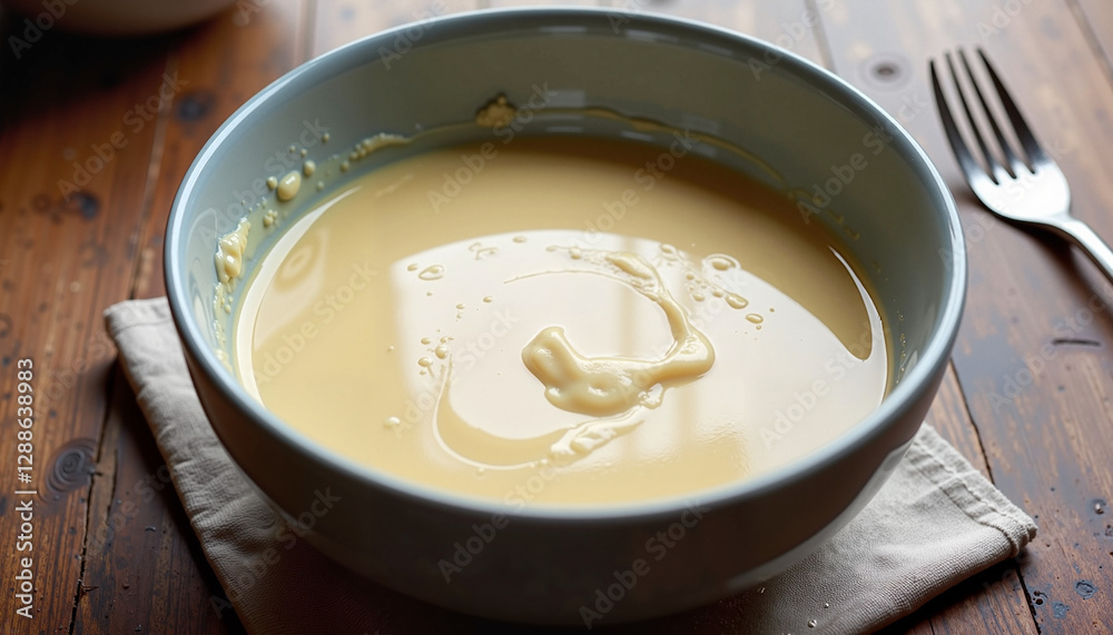 Smooth pancake batter in a mixing bowl, symbolizing the start of festive cooking for Maslenitsa celebrations. Smooth pancake batter in a mixing bowl, symbolizing the start of festive cooking for Maslenitsa celebrations.