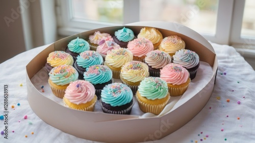 A box of vibrant cupcakes with pastel-colored frosting and sprinkles, arranged on a white cloth near a window. The assortment includes vanilla and chocolate bases, ideal for festive occasions