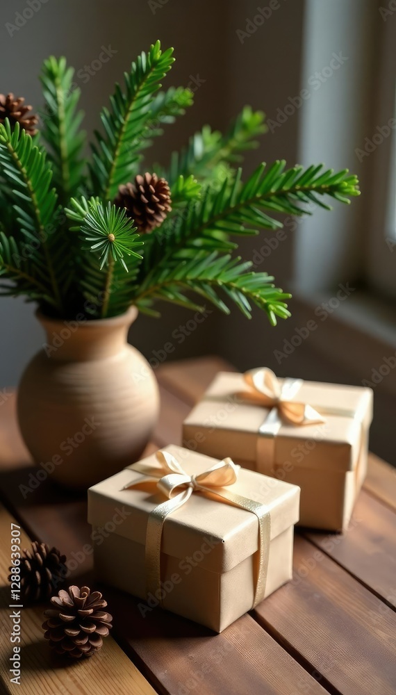 Gift boxes on a wooden table with a vase of evergreen branches and pinecones, earthy, wooden table, cozy Gift boxes on a wooden table with a vase of evergreen branches and pinecones, earthy, wooden table, cozy