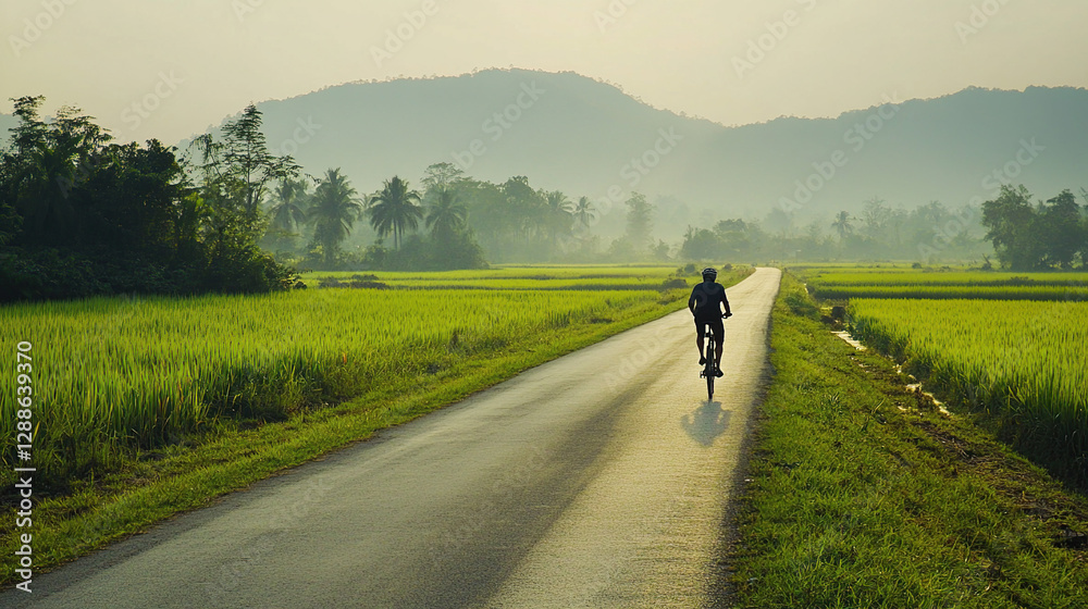 Fototapeta premium Peaceful cyclist on a rural road through lush rice paddies.