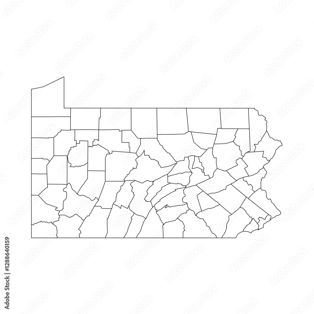 Fototapeta Pennsylvania, PA - detailed political map of US state. Administrative map divided into counties. Thin blank black outline map. Vector illustration