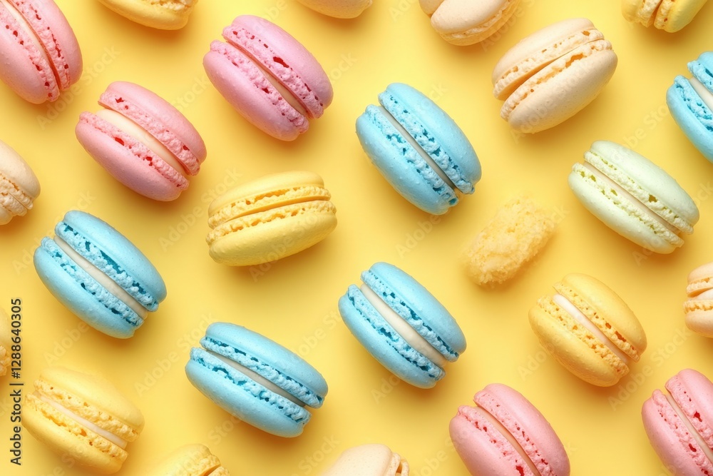 Vibrant macarons in pastel shades, arranged in a playful pattern against a bright yellow backdrop, creating a delightful and sweet treat display. Vibrant macarons in pastel shades, arranged in a playful pattern against a bright yellow backdrop, creating a delightful and sweet treat display.