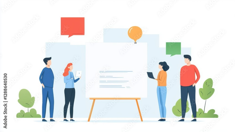 Group of diverse people collaborating around a presentation board with speech bubbles. Group of diverse people collaborating around a presentation board with speech bubbles.