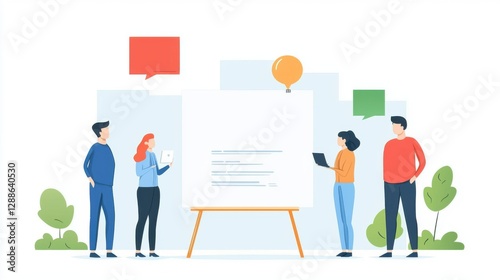 Group of diverse people collaborating around a presentation board with speech bubbles.