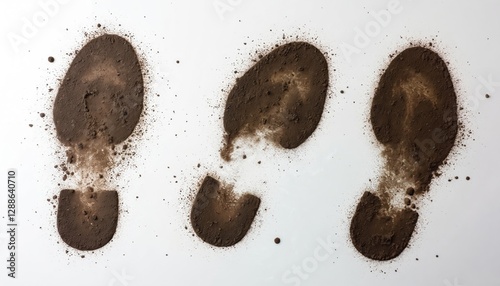Three brown smudged shoe footprints on white backdrop. Foot marks steps trail from dirt on ground. Muddy imprints track, adventure concept forensic evidence. Footprint texture, walking exploration