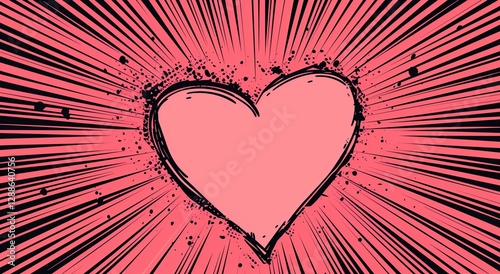 A pink heart at the center of an explosion, in a comic book style.