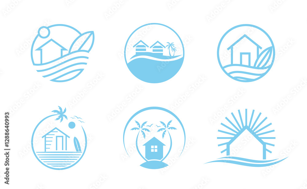 Fototapeta premium Beach house in circle logo set real estate wave water