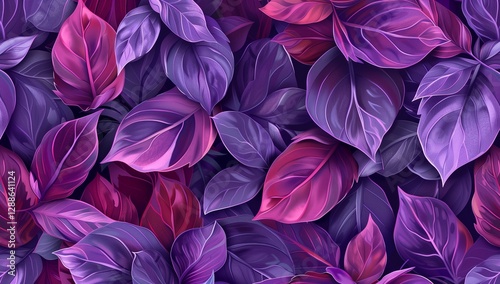 Vibrant purple and pink leaves, seamless pattern, digital art illustration.