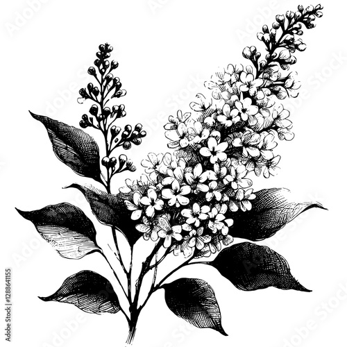 Line art drawing of lilac flower plant ink sketch floral summer vector hand drawn illustration background