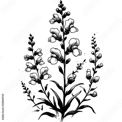 Line art drawing of snapdragon flower plant ink sketch floral summer vector hand drawn illustration background