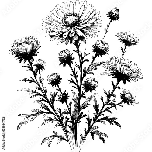 Line art drawing of aster flower plant ink sketch floral summer vector hand drawn illustration background