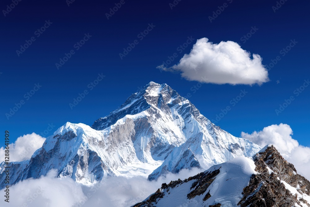 Obraz premium Majestic snow-capped mountain peak under a clear blue sky with fluffy white clouds.