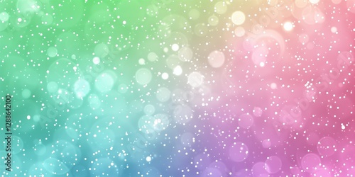 Colorful pastel rainbow bokeh background with sparkling glitter and white snowflakes.