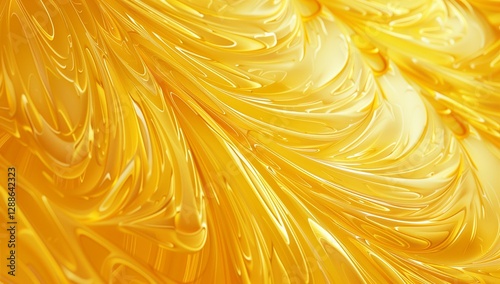 3D rendering of a yellow lemon texture background with a liquid, glossy surface. Yellow abstract wallpaper.