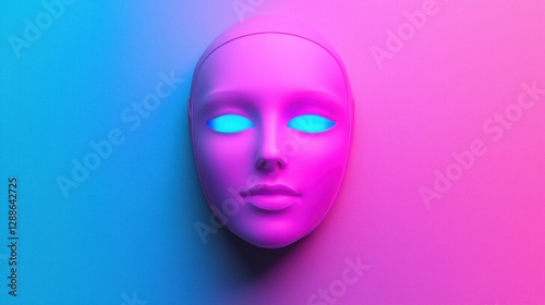 A stylized mannequin head with glowing blue eyes against a vibrant pink and blue background, creating a futuristic and artistic ambiance.