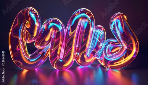 3D rendering of the word in colorful neon light, with reflections on a dark background.