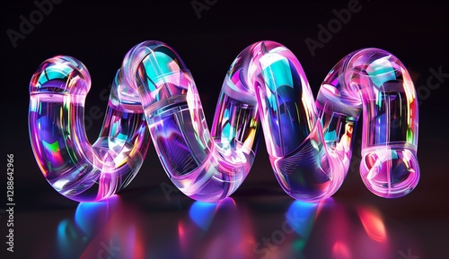 3D rendering of the word in a multicolored glass spiral shape, with light reflection on a black background.