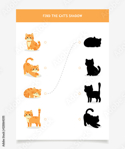 Game find the shadow of the cat. Game for children, task sheet for children.